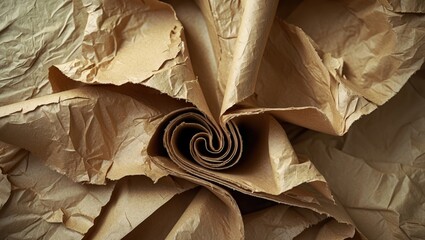 Poster - Recycled light brown kraft paper texture close-up artfully arranged in a spiral showcasing coarse grain and grunge characteristics