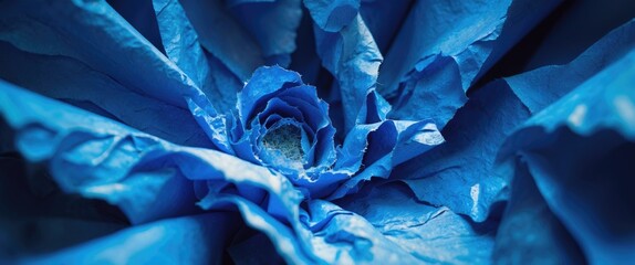 Poster - Detailed close-up of crumpled blue paper texture resembling a blooming flower pattern. Ideal for backgrounds or artistic projects.