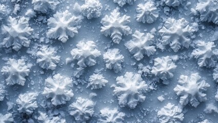 Poster - Snowflake texture pattern on a winter surface ideal for backgrounds and seasonal designs showcasing intricate details and soft colors.