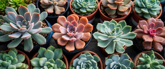 Poster - Variety of Colorful Succulents with Thick Red Leaves in Pots Ideal for Plant Lovers and Home Decor with Space for Text Overlay
