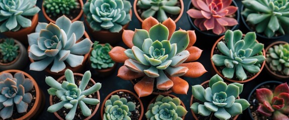 Poster - Variety of Succulents with Thick Red Leaves in Pots Overhead View with Space for Text Overlay in Bright Natural Light