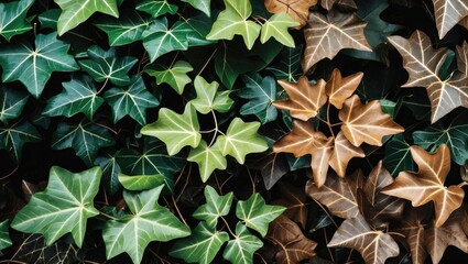 Poster - Diverse ivy leaves in shades of green and brown showcasing intricate textures and patterns for nature and botanical backgrounds.