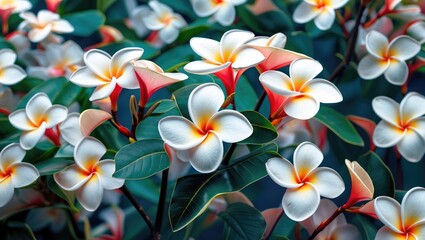 Poster - Vibrant White Plumeria Flowers Against Lush Green Leaves With Negative Space Ideal For Text Overlay