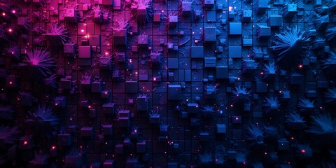 Poster - Abstract Cybernetic Landscape, Geometric Cubes in a Digital Network