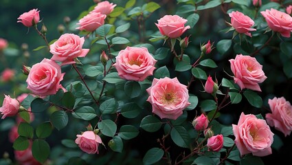 Poster - Blooming wild pink roses surrounded by lush green leaves in a vibrant garden setting showcasing nature's beauty and tranquility.