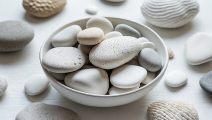 Poster - variety of smooth white and gray sea stones arranged in a bowl on a light table background perfect f