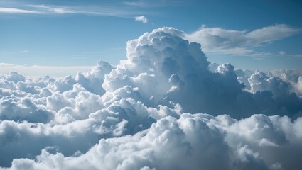 Poster - Fluffy white clouds against a blue sky creating a serene and airy background perfect for various design and artistic projects