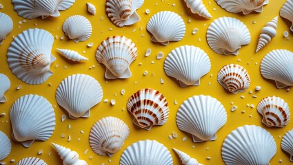Poster - Seashells arranged on vibrant yellow background creating a cheerful summertime aesthetic with ample free space for design elements.