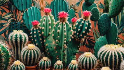 Poster - Tropical Cactus Arrangement with Vibrant Flowers and Lush Foliage Background in a Botanical Setting