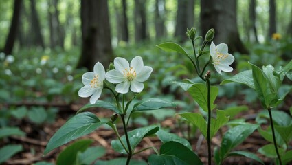 Poster - Delicate white flowers and lush green leaves thrive in a serene forest setting, showcasing nature's beauty and tranquility.