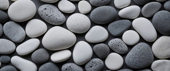 Poster - White and grey pebbles texture background ideal for design, relaxation, or natural themes in web and print projects.