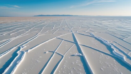 Poster - Aerial View of Salt Flat with Geometric Patterns and Clear Sky Ideal for Text Overlay and Graphic Designs