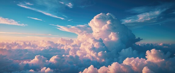 Poster - Majestic Cloudscape with Soft Pastel Skies and Fluffy Clouds at Sunset Over a Tranquil Horizon Perfect for Nature and Travel Themes