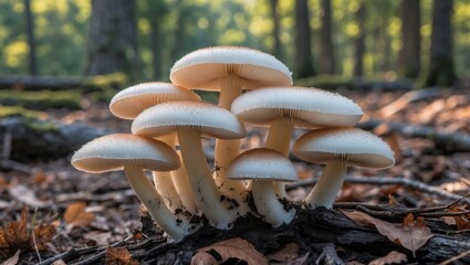 Poster - White Mushrooms Growing in a Forest Clearing Surrounded by Foliage and Sunlight on a Summer Day.