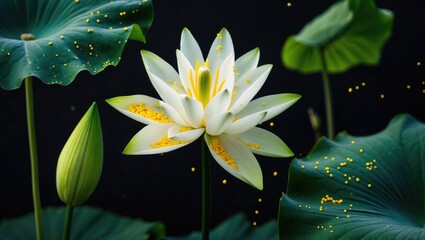 Poster - Elegant White Water Lily Blooming Amidst Dark Background and Lush Green Leaves with Vibrant Yellow Pollen Accents.