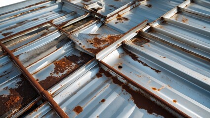 Poster - Rusty galvanized metal roof with weathered surface texture and patterns in sunlight creates an industrial aesthetic reminiscent of decay.