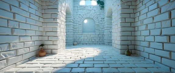 Poster - Seamless white stone brick wall and tiled background in a bright, spacious interior with natural light and decorative elements.