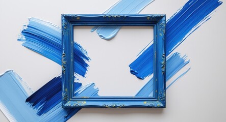 Poster - Blue vintage frame surrounded by brush strokes of oil paint on a white background creating a grunge artistic effect.