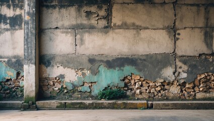 Poster - Weathered concrete wall with peeling paint and exposed bricks showcasing rustic texture and aged charm in an urban setting.