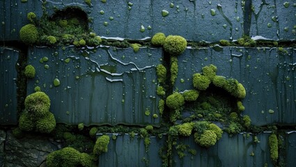Poster - Wet mossy wall texture with vibrant green moss and water droplets ideal for natural backgrounds and wallpaper designs.