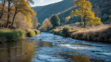 Poster - Serene Landscape of a Small River Surrounded by Autumn Foliage and Lush Greenery in a Peaceful Valley Setting