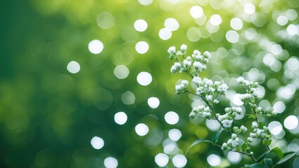 Poster - Delicate white bokeh effect on a lush green background with soft floral accents creating a serene and tranquil natural ambiance.
