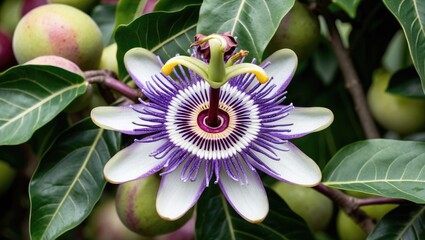 Poster - Vibrant close-up of a purple and white passion fruit flower in bloom surrounded by lush green leaves with space for text overlay.