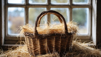 Poster - Wicker Basket with Straw Inside Positioned Near Rustic Window Surrounded by Hay in Natural Light