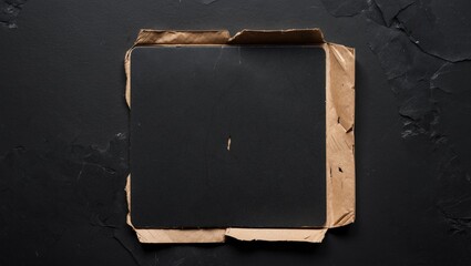 Poster - Old Black Square Cardboard with Torn Edges on Dark Background Vintage Texture for Design and Retro Aesthetic Projects