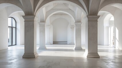 Poster - Spacious minimalistic interior with arched columns and natural light creating a serene atmosphere for creativity and design inspiration.