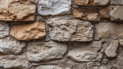 Poster - Textured stone wall with rough surfaces and varying colors showcasing natural patterns and details suitable for backgrounds or designs.