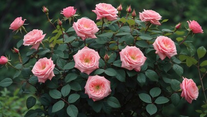 Poster - Blooming pink roses surrounded by lush green leaves creating a vibrant garden bush scene in natural light.