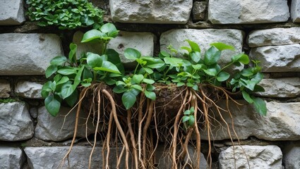 Poster - Close Up of Rooting Plants on Stone Wall Showing Natural Beauty and Texture Ideal for Wallpaper or Interior Design Inspiration
