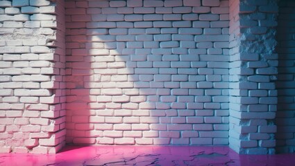 Poster - Vibrant abstract white brick wall interior with colorful reflective floor and soft lighting creating a modern artistic background.