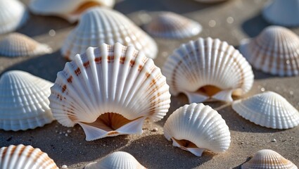 Poster - White Sea Shells on Sandy Beach Close-Up with Natural Light and Details of Textures and Patterns