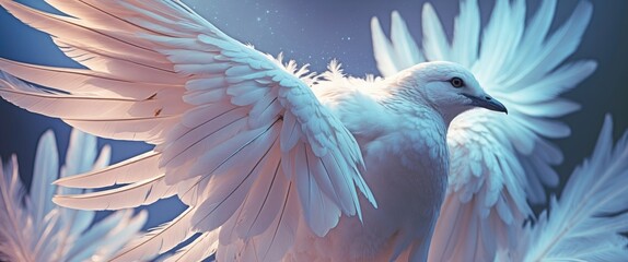 Poster - White bird wings in soft focus showcasing detailed feathers against a dreamy, abstract light background ideal for design projects.