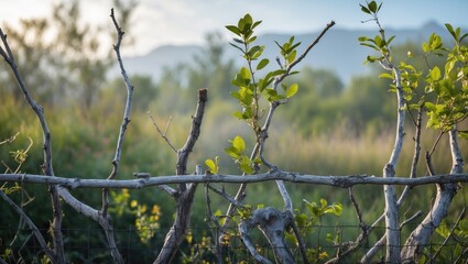 Poster - Lush green vegetation with a rustic branch fence in a serene outdoor setting creating a peaceful natural background.