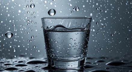 Poster - Abstract close-up of water droplets on glass surface with a glass of water against a gray background evoking tranquility and refreshment.