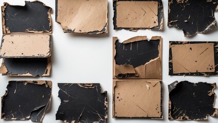 Poster - Set of Aged Distressed Black Paper Cards Isolated on White Background for Vintage Design and Collage Materials High Quality Texture.
