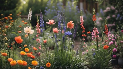 Poster - Vibrant Garden Full of Colorful Flowers with Lush Greenery and Blank Space for Text Overlay