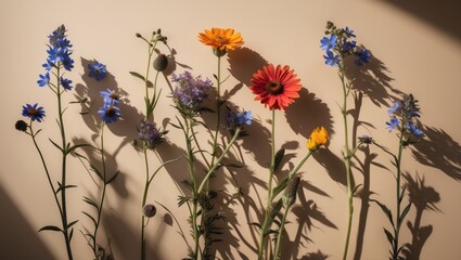 Poster - Colorful Wildflowers Casting Beautiful Shadows Against A Soft Beige Background