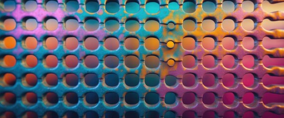 Poster - Colorful perforated metal grating with blurred abstract background in vibrant hues of blue, pink, and orange creating an artistic texture.