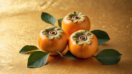 Poster - Persimmon Fruits Arranged on Golden Background with Leaves and Copy Space for Text Ideal for Healthy Eating and Refreshing Themes