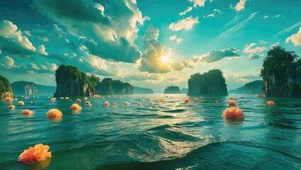 Poster - serene coastal landscape at sunrise with vibrant flowers floating in calm waters