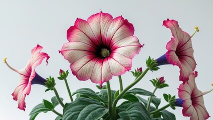 Poster - Vibrant petunia flowers in pink and white hues against a clean white background showcasing their delicate petals and lush green foliage