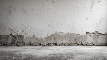 Poster - Rough textured white wall with peeling paint and concrete floor in an empty grunge setting ideal for backgrounds or rustic interior design.