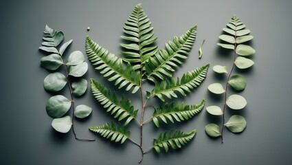 Poster - Arrangement of Fresh Fern and Eucalyptus Leaves on Gray Background for Natural Decorative Concepts