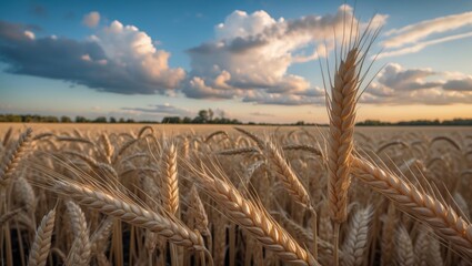 Poster - Golden Wheat Field Under a Beautiful Blue Sky with Clouds at Sunset Creating a Serene Rural Landscape