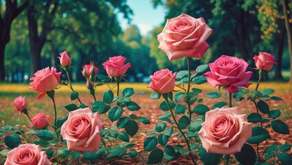 Poster - Pink roses in a vintage park setting with lush greenery and golden leaves creating a serene and nostalgic atmosphere.