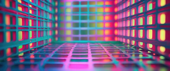 Poster - Colorful perforated grating with abstract blurred background creating a vibrant and dynamic visual texture suitable for creative designs.